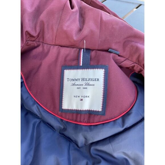 Tommy Hilfiger Jacket Womens Medium Burgandy Red Hooded Puffer Coat Button Down - Picture 10 of 11